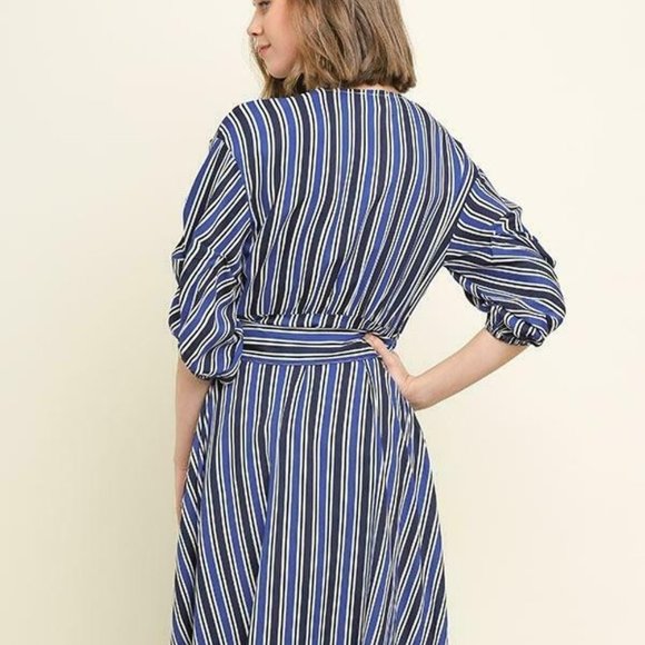Umgee Navy Mix Striped Puff Sleeve V-Neck Wrap Midi Dress - Picture 4 of 4